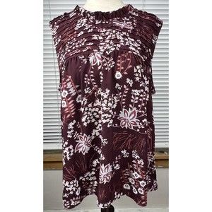 LOFT Halter Top High Neck Pleated Top Maroon Floral Design Women's Size M